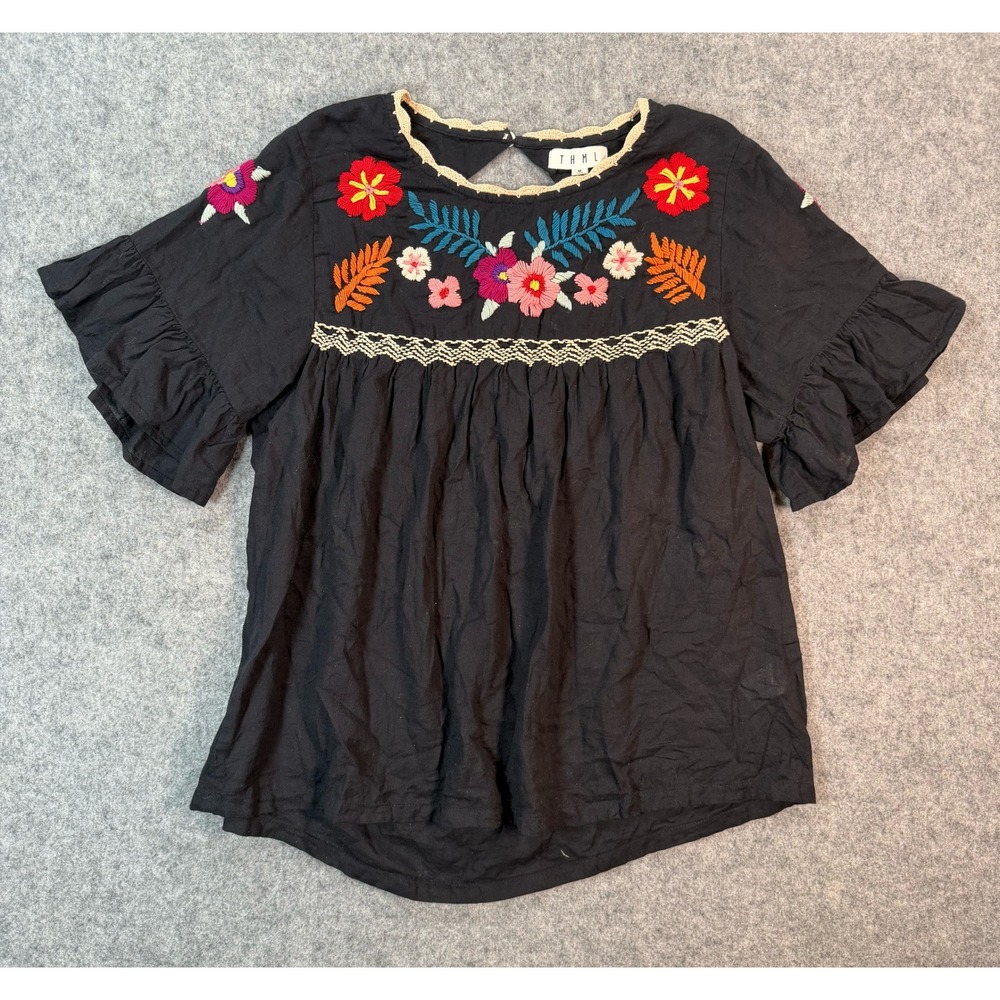 THML Womens Boho Whimsy Embroidered Cotton Ruffle Top Black Floral  M